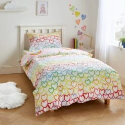 Catherine Lansfield Rainbow Hearts Cosy Fleece Reversible Duvet Cover & Pillowcase Set -IT Luggage Kids Sales Store 30880224 alt02