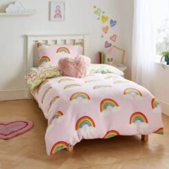 Catherine Lansfield Rainbow Hearts Cosy Fleece Reversible Duvet Cover & Pillowcase Set -IT Luggage Kids Sales Store 30880226